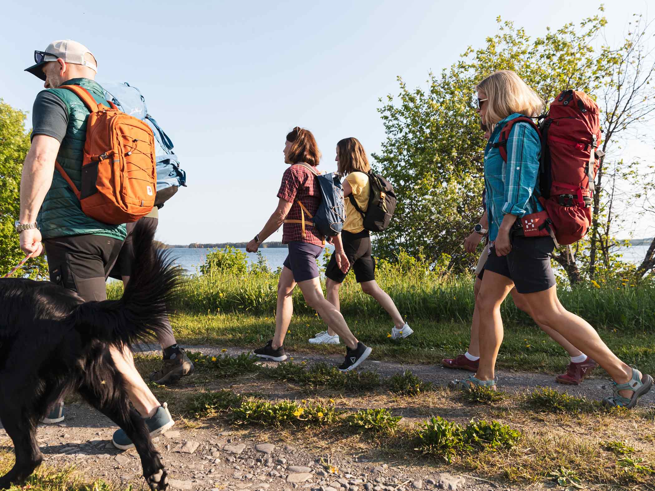 En grupp och en hund vandrar längs kustnära stig vid vatten.
