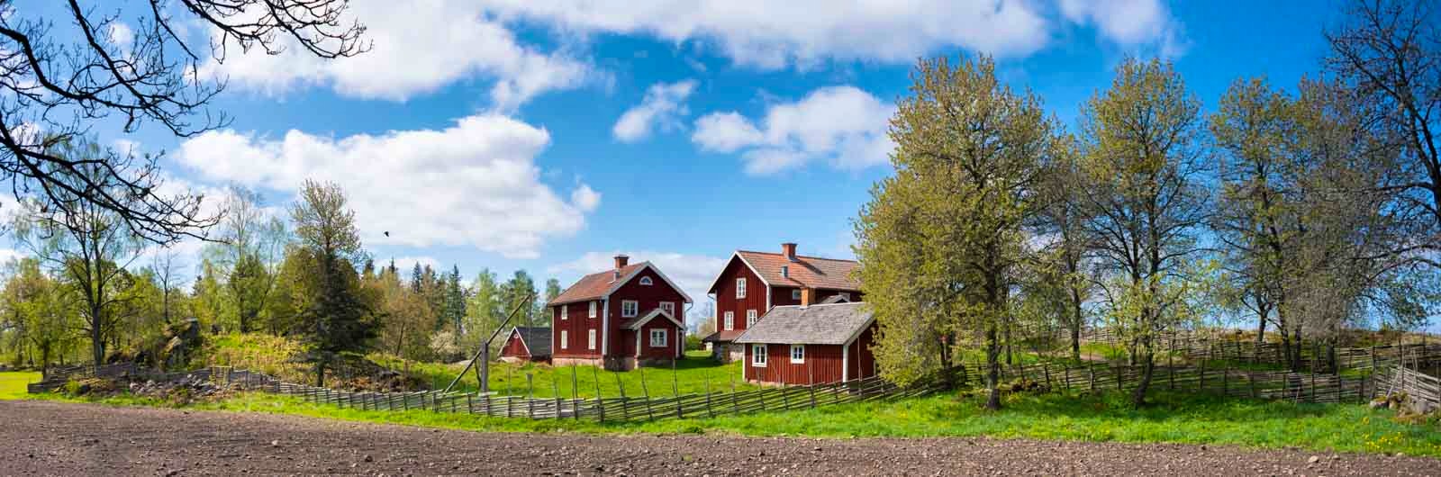 Faluröda stugor i grönskande landskap