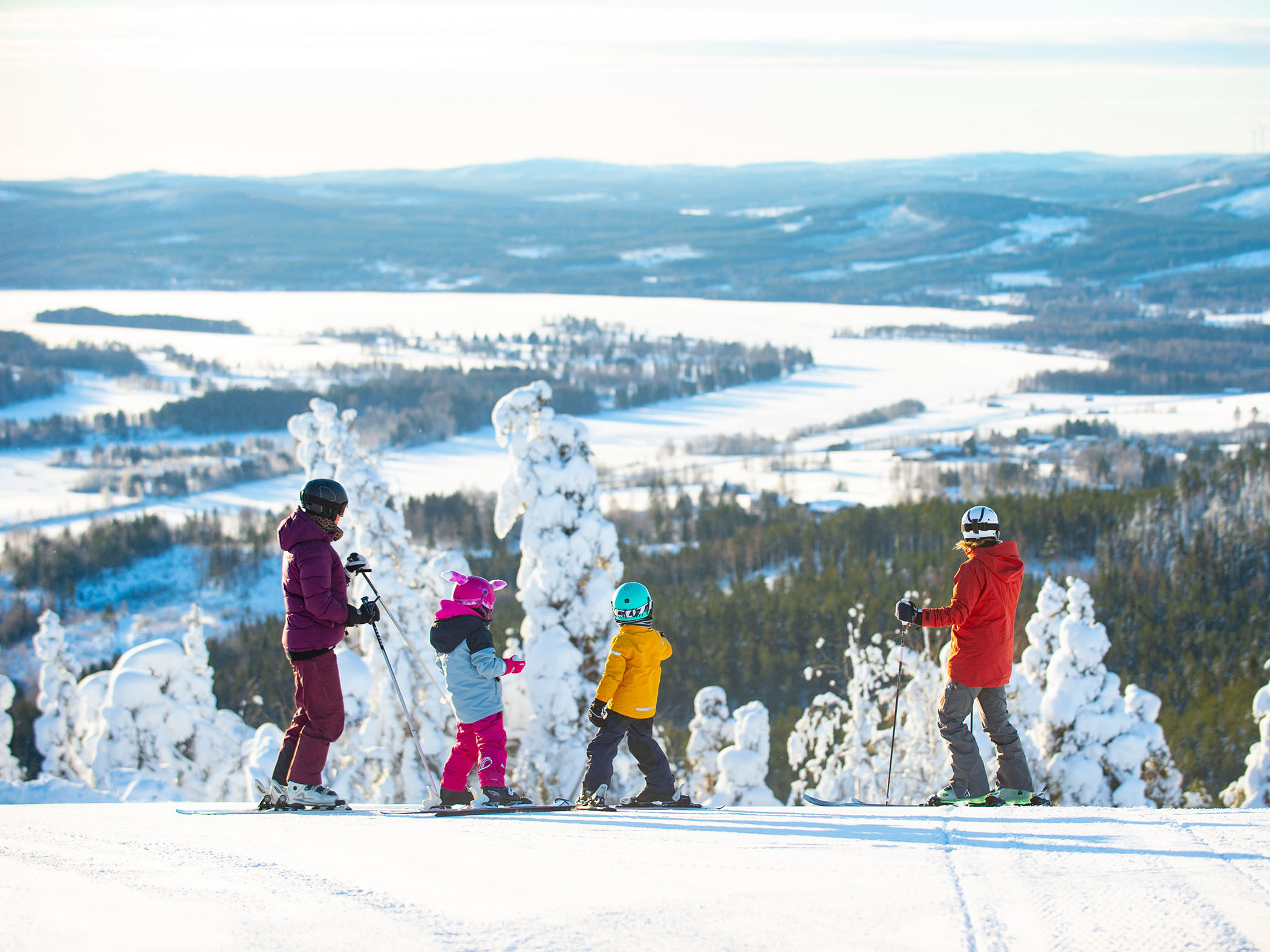 En familj i skidbacken som tittar ut över utsikten.
