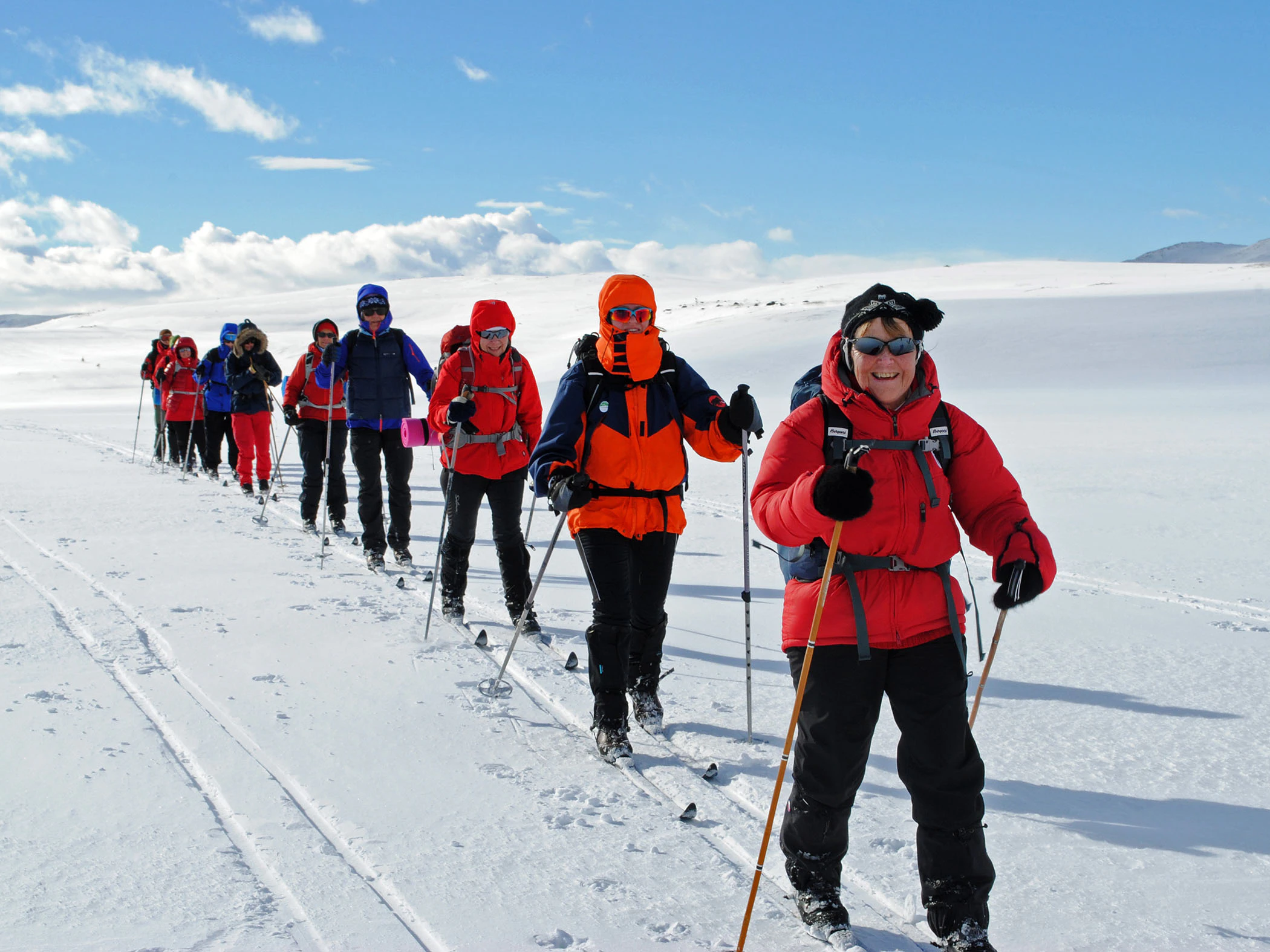 En grupp skidåkare på tur genom ett snötäckt fjällandskap.
