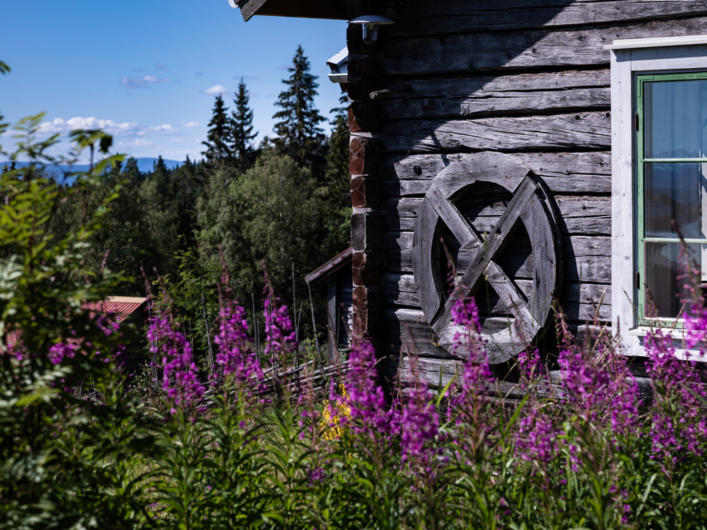 Husgavel med vackra lila blommor längs Siljansleden.