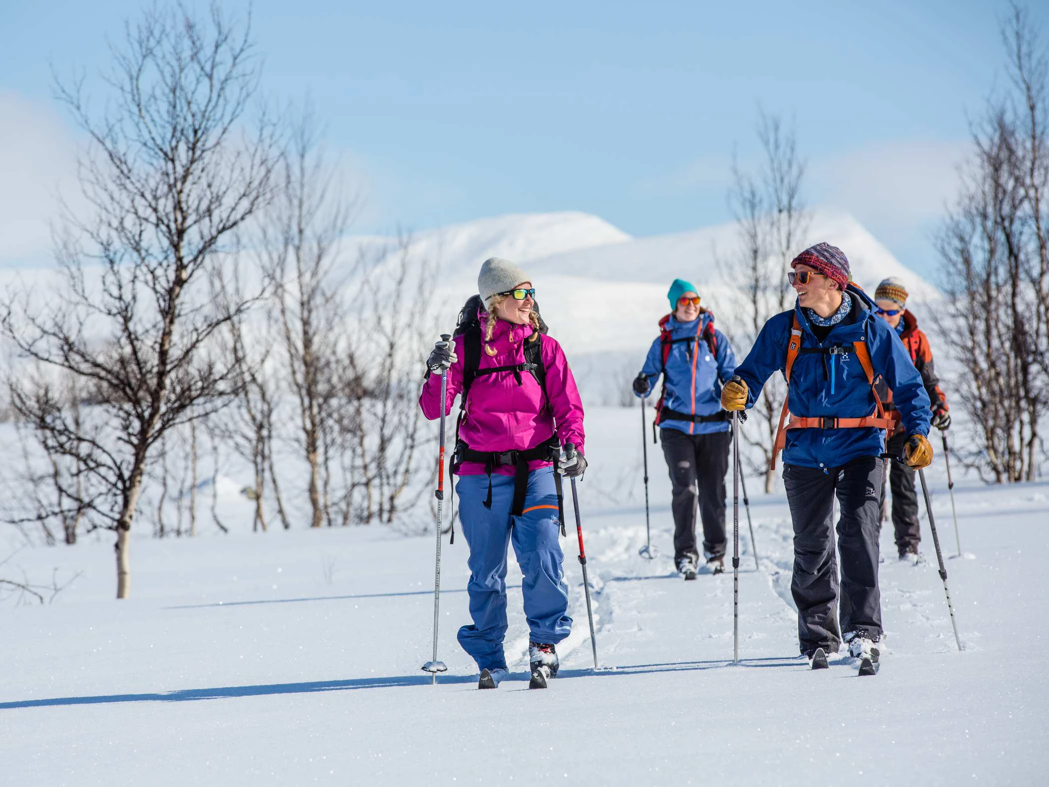 Grupp skidåkare på fjälltur i soligt vinterlandskap.