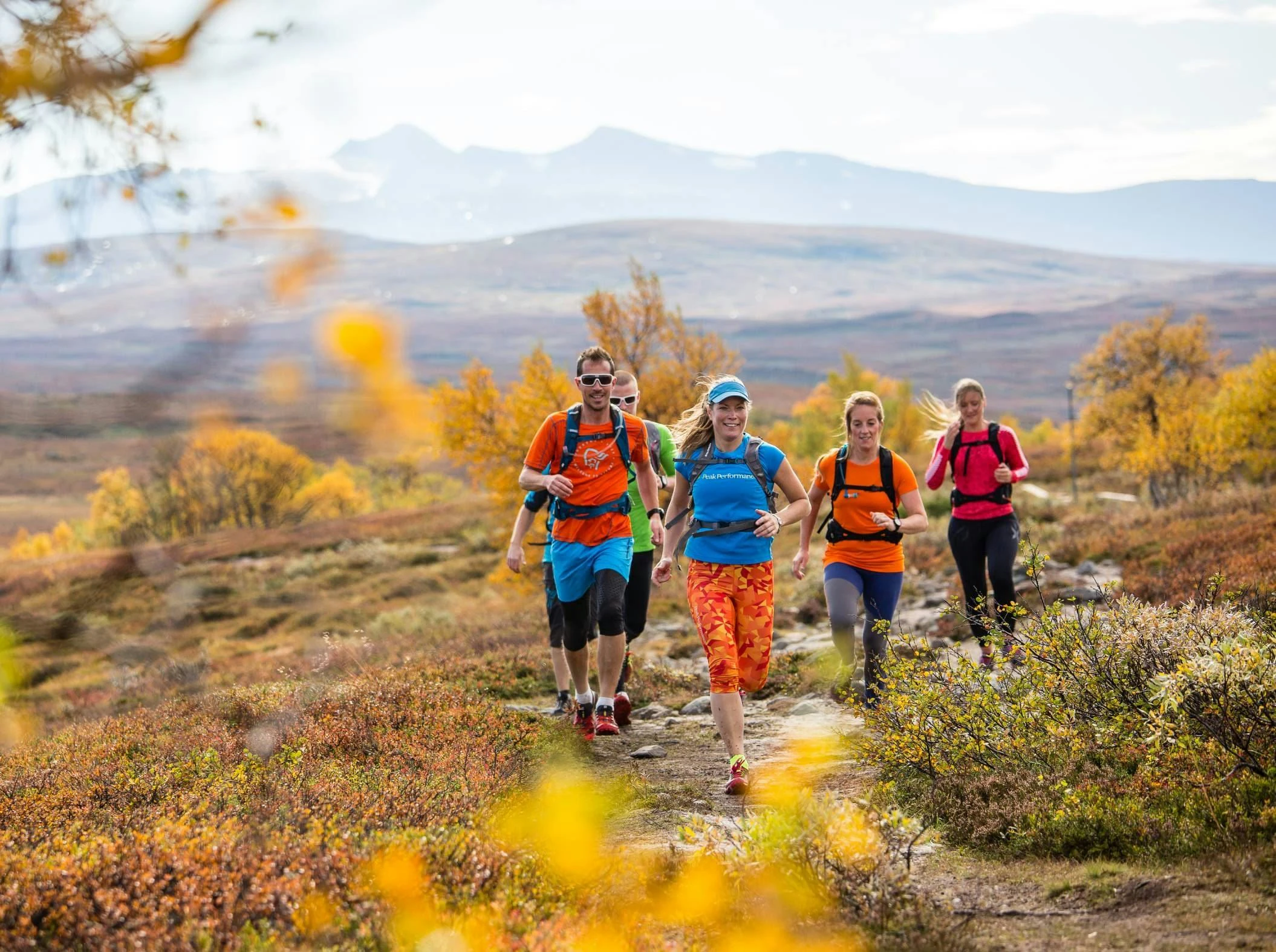 En grupp på fem personer vandrar på en stig genom ett höstfärgat fjällandskap. De bär färgglada kläder och ryggsäckar. I bakgrunden syns fjäll med snöklädda toppar och en klar himmel.