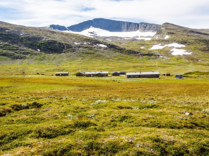 Ett gräsbevuxet fält med ett berg i bakgrunden.