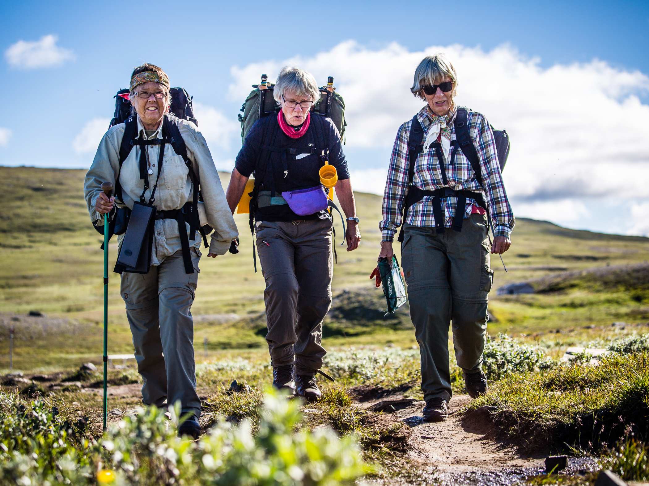 Tre vandrare med ryggsäckar går på en stig i ett öppet fjällandskap under en solig dag.