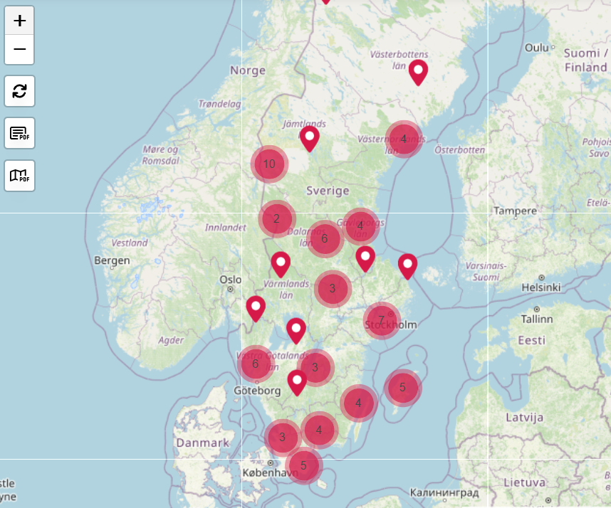 En karta som visar var det finns boenden med elbilsladdare.