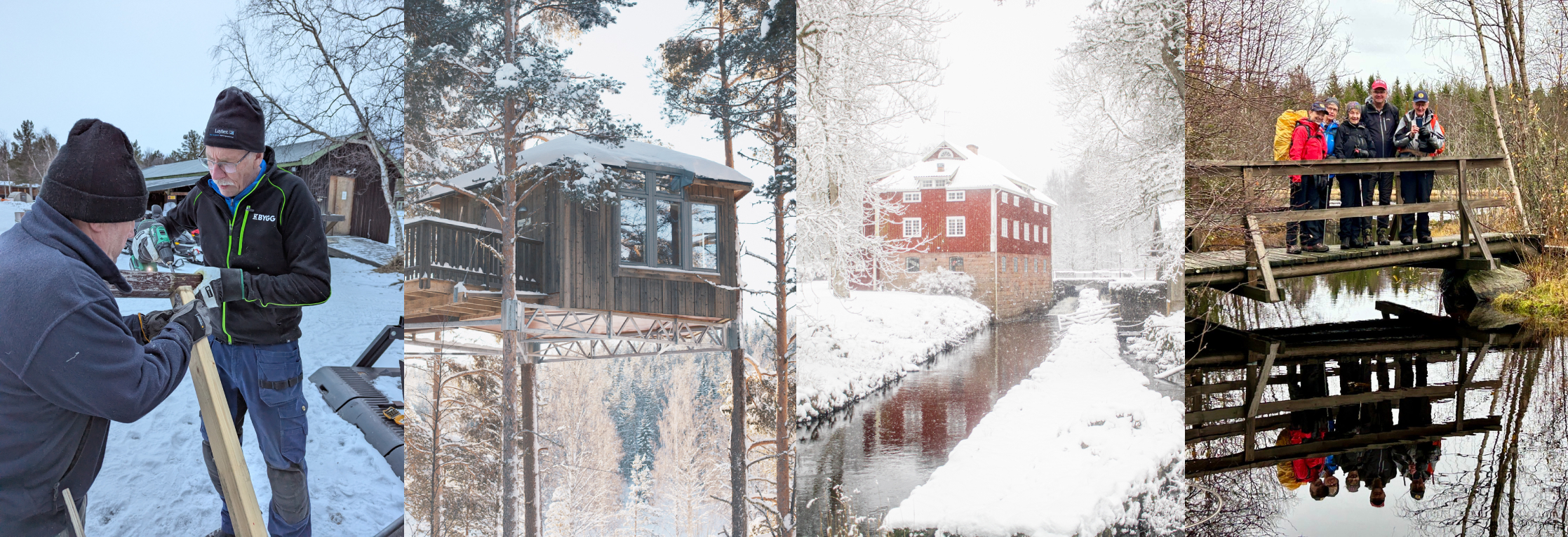 Bildkollage med STF-miljöer året runt: arbete vid stuga, vinterlandskap, herrgård vid å och vandrare på bro.