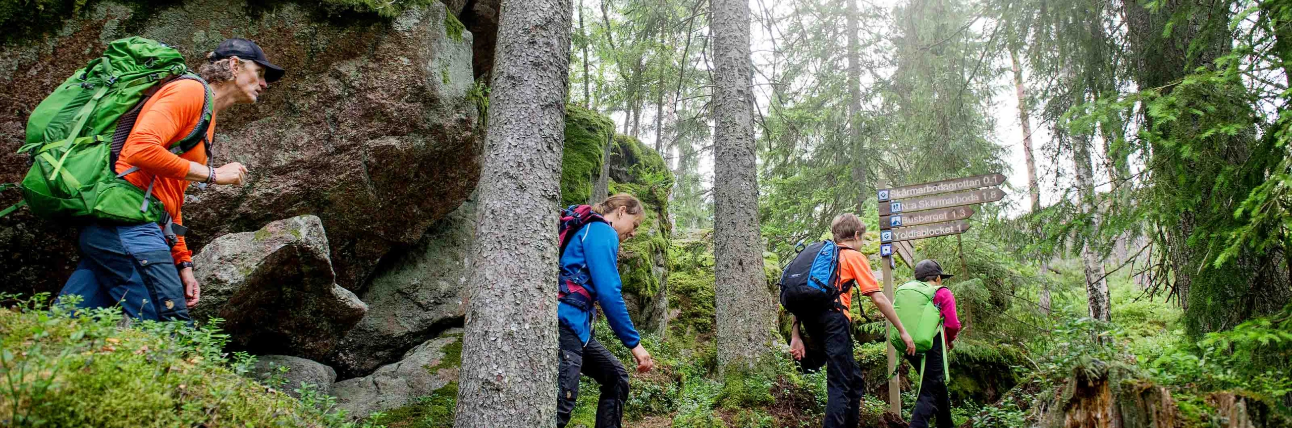 Vandrare i skog vid en ledskylt och stora mossiga klippor.
