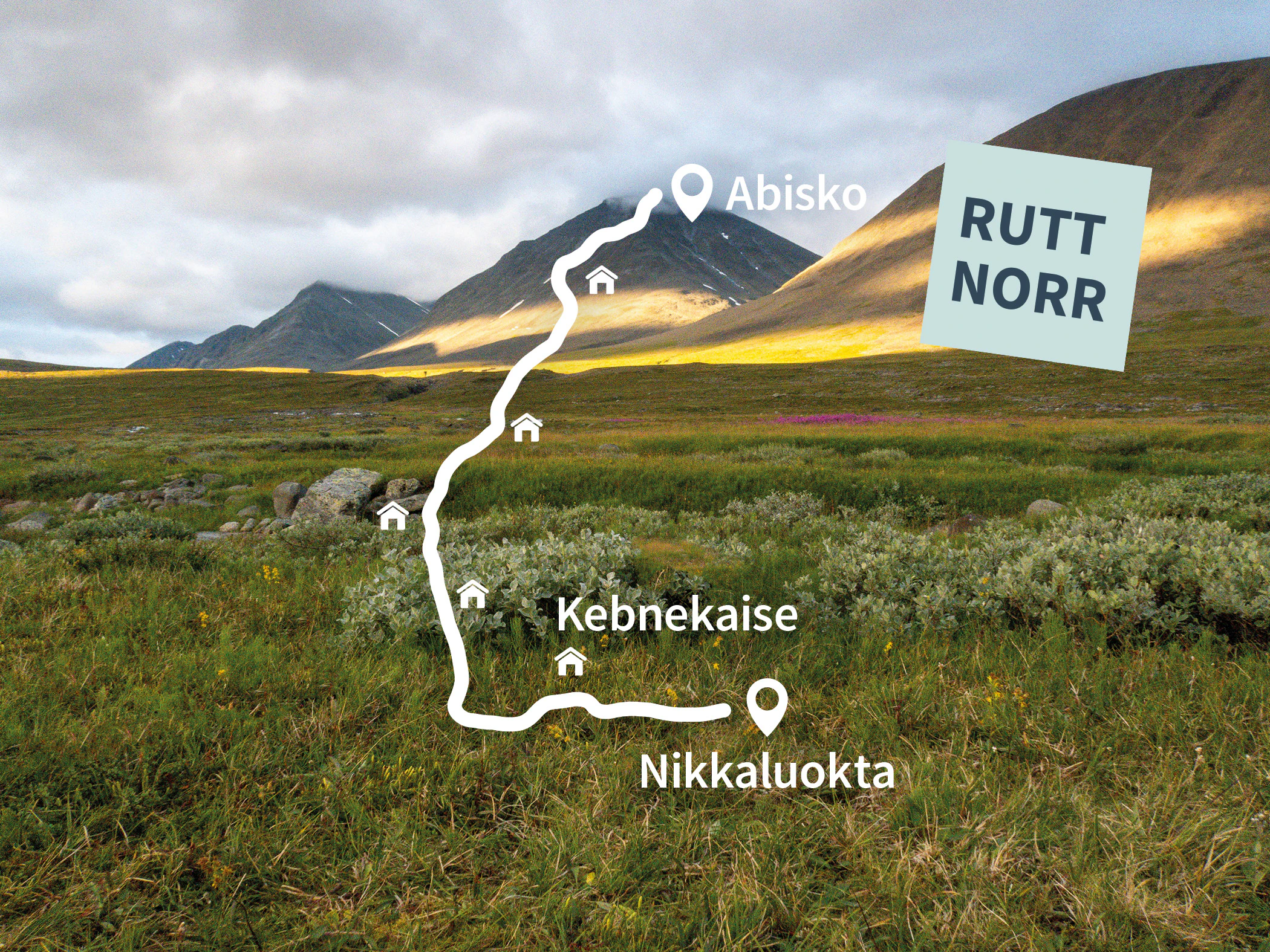 Fjällandskap med grafik som visar rutten från Nikkaluokta till Abisko.