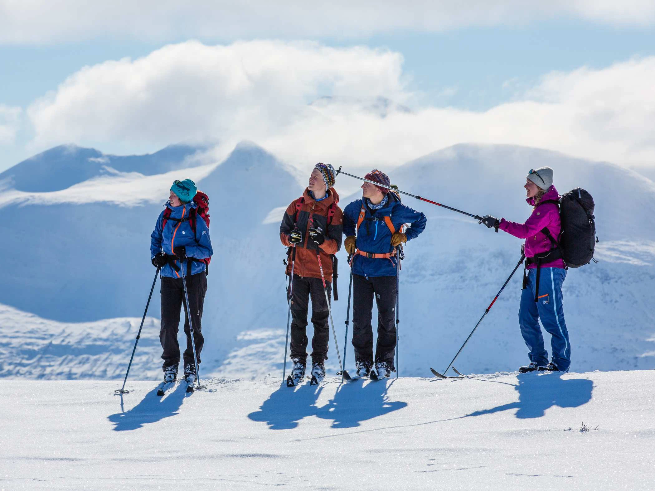 Fyra personer med skidor stannar till under en guidad tur i vinterfjäll med snötäckta berg i bakgrunden.