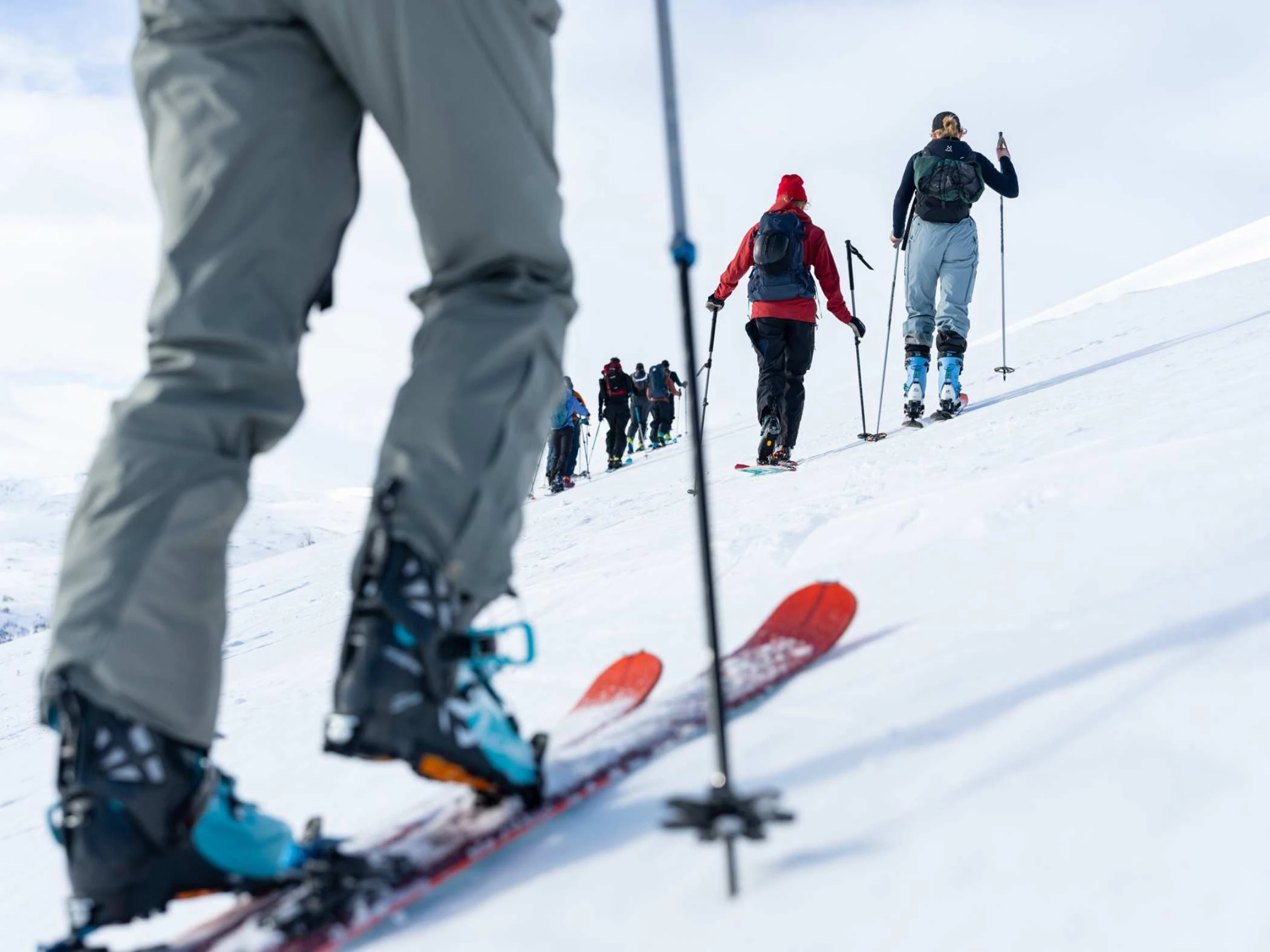 Toppturgrupp på väg uppför en snötäckt fjällsluttning med skidor och stighudar.
