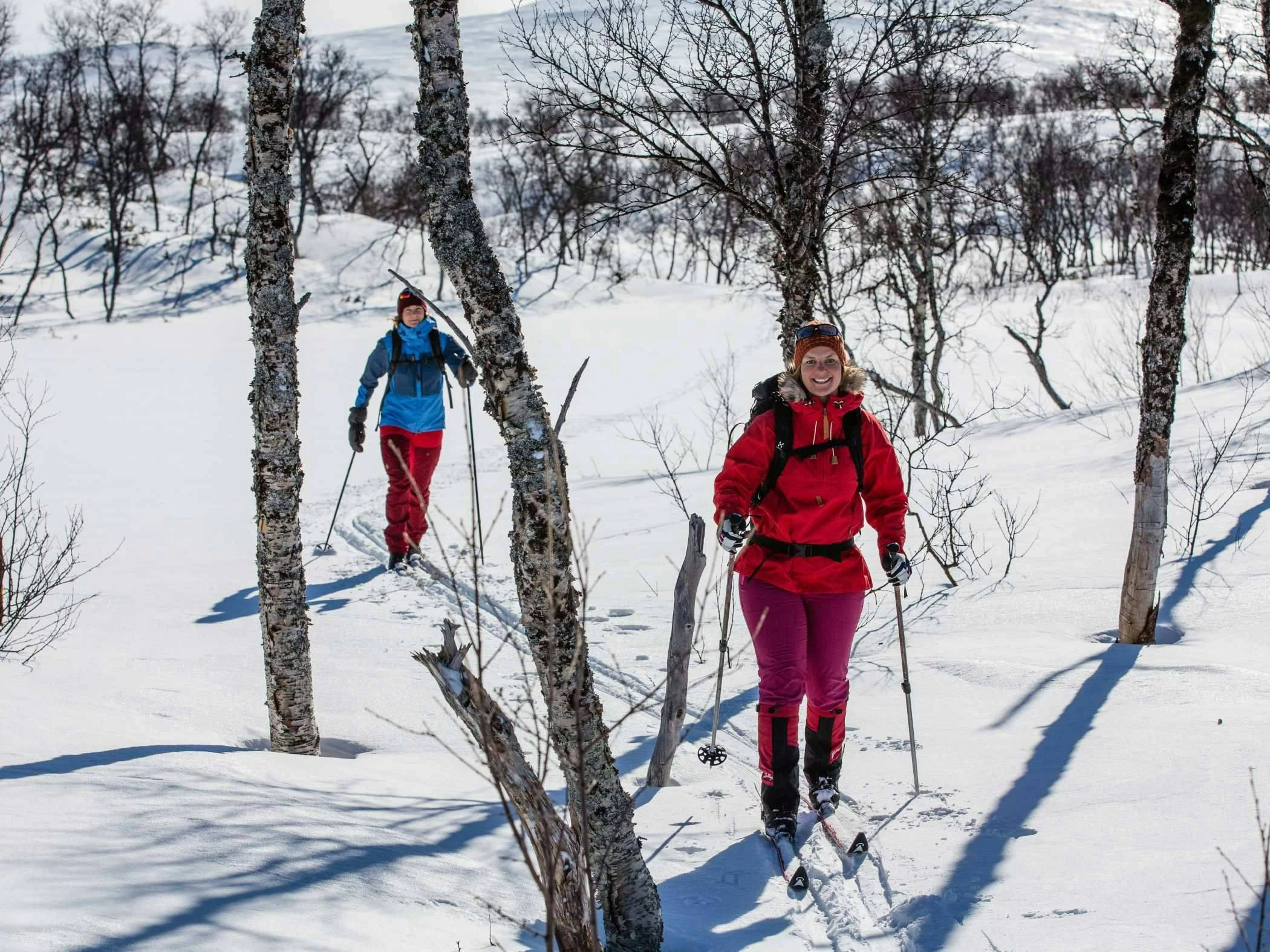 Två personer på turskidor i snön. Första fjällturen i Abisko.